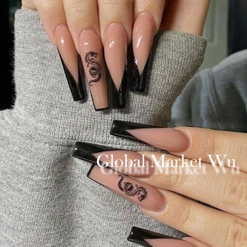 24Pcs Stylish Press on Nails, Glossy Ballerina False Nails, Black V Shaped Dragon Full Cover Fake Nails for Women &amp; Girls