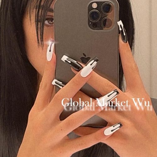 Press on Nails Long White Ballerina Fake Nails Glossy Black False Nails with Glue Full Cover Artificial Acrylic Nails with Designs for Professional and Beginner