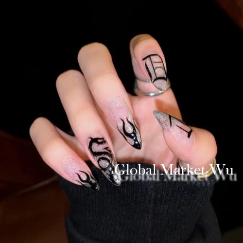 Stiletto Almond Press on Nails Black Flame Glitter Bling Fake Nails Medium Glossy False Nails for Women and Girls 24Pcs