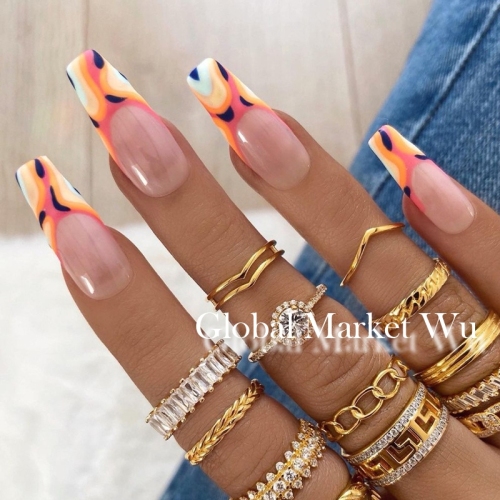 24 Pcs Extra Long Press On Nails,Sankki French Orange Acrylic Fake Nails,Ballet False Nails Daily Wear Artificial Nails for Women and Girls (French orange leopard print)