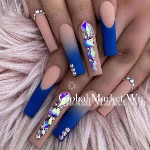 24Pcs Press On Nails Long Fake Nails Ballerina Dark Blue Coffin Press on False Nails Matte Rhinestone Acrylic Nails with Designs Glue on Nails Fake Nail Tips Full Cover for Women and Girls