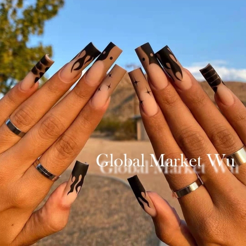 Extra Long Fake Nails Black Matte Press on Nails Fire Ballerina Full Cover False Nails French Acrylic Nails Tips for Women and Girls (24pcs)