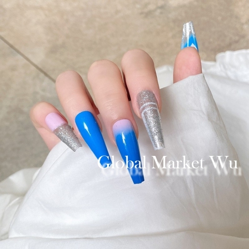 24pcs Press on Nails fake Nails with Double Side Adhesive Tabs Blue Gradient Ballerina Silver Glitter Fake Nails Full Cover Artificial False Nails