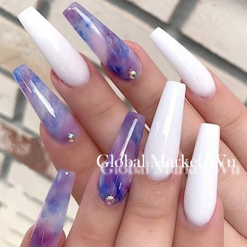 Super Long Fake Nails Purple Watercolor Glossy Press on Nails Designer Design Ballerina Acrylic False Nails Tips Full Cover Artificial Nails for Women and Girls 24Pcs (Ombre)