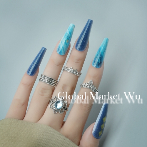 Extra Long Press on Nails, 24Pcs Glossy False Nails, Blue Glitter Fake Nails, Light Blue Splashing-in Ocean Acrylic Nails with Design for Women and Girls