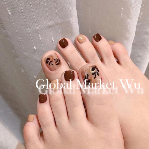 Glossy Press on Toenails Red Short Acrylic Fake Toenails Full Cover Artificial Glitter Leaves False Toenails for Women and Girls (24Pcs)