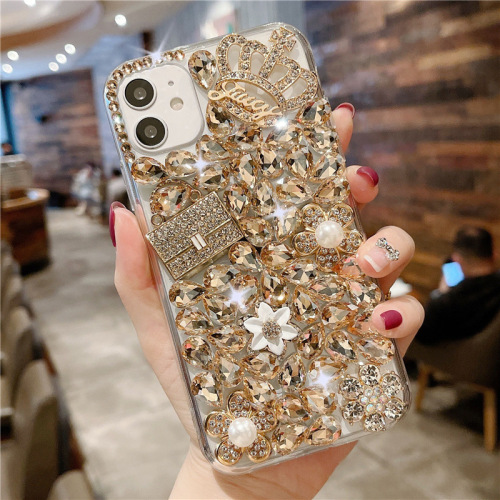 Luxury Crown Handbag Diamond Rhinestone Inlay Soft TPU Full Protection Phone Case