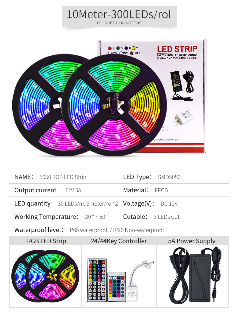 5050RGB colorful LED light with 24 44 key controller 12V low voltage