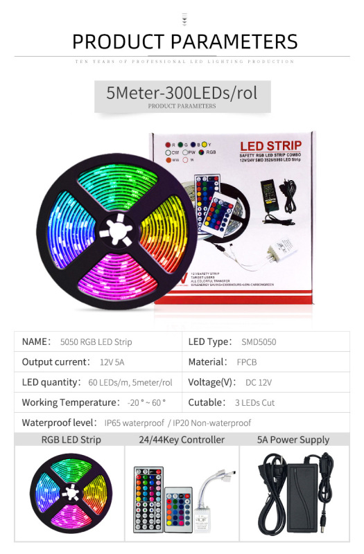 LED colorful atmosphere light with 5050RGB 12V low voltage 10m set