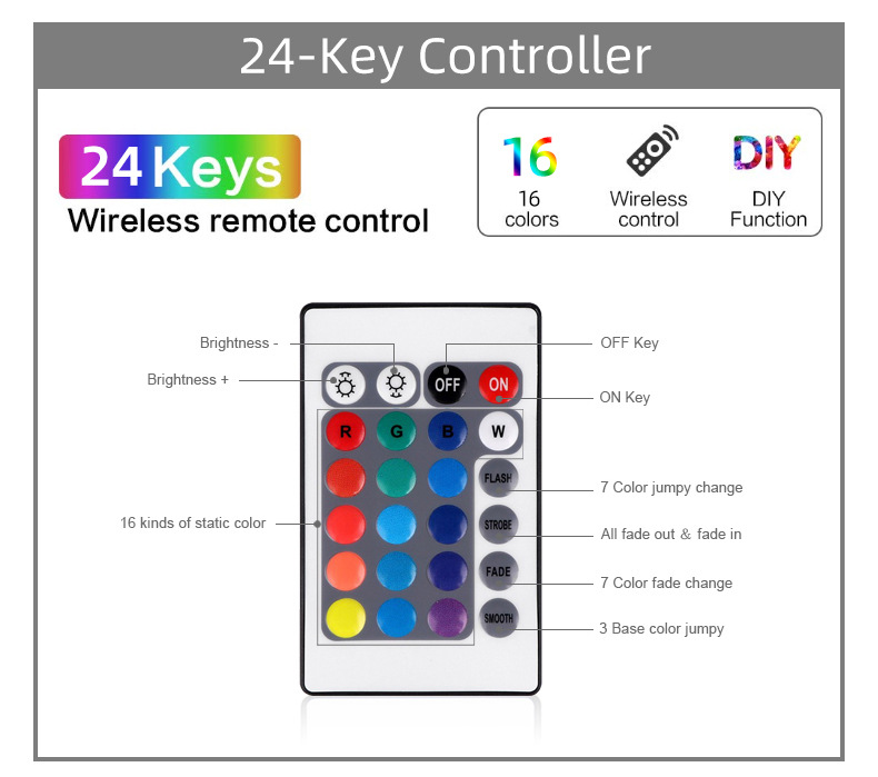 5050RGB colorful LED light with 24 44 key controller 12V low voltage