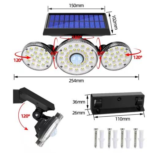 LED three-head rotatable solar wall lamp outdoor waterproof human induction garden street lamp