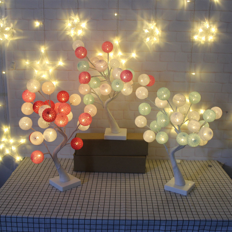 Hand-Made LED Cotton Ball Tree Table Lamp Girl's Room Decoration Small Night Light