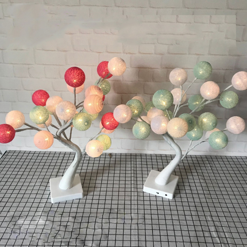 Hand-Made LED Cotton Ball Tree Table Lamp Girl's Room Decoration Small Night Light