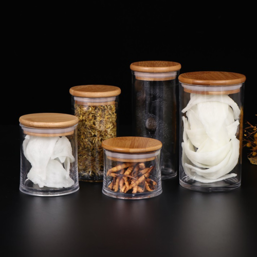 Clear Acrylic Plastic Round Storage Jar with Bamboo Lid