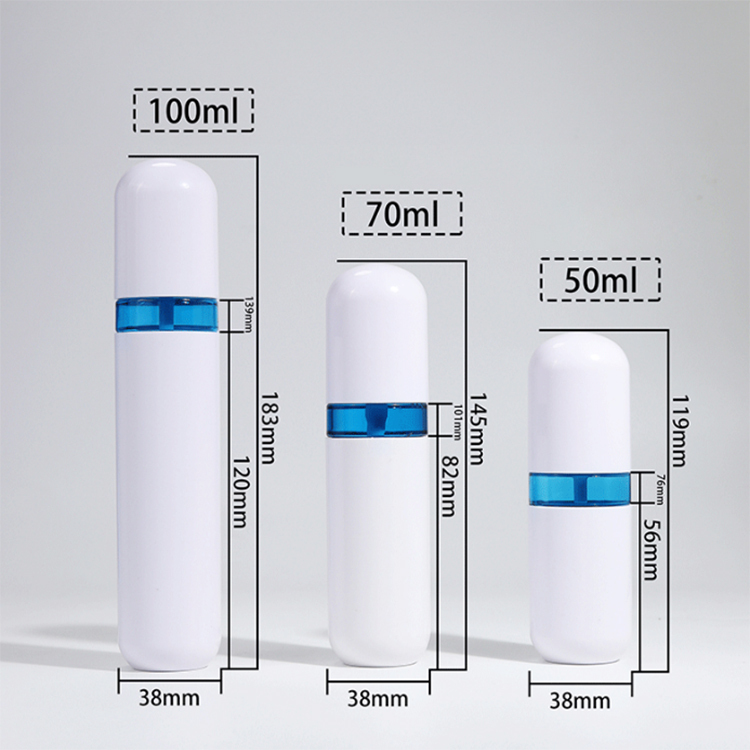 New fashion 30ml 50ml 70ml 100ml capsule shape plastic bottles with fine mist spray for face toner room spray suit bottle