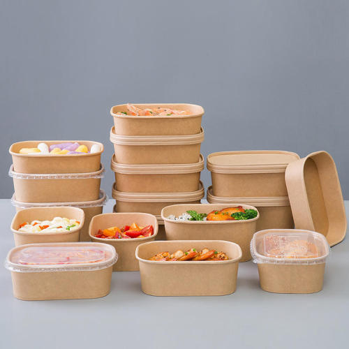 Disposable kraft paper square rectangular box takeaway lunch snack box green salad packaging bowl with cover.