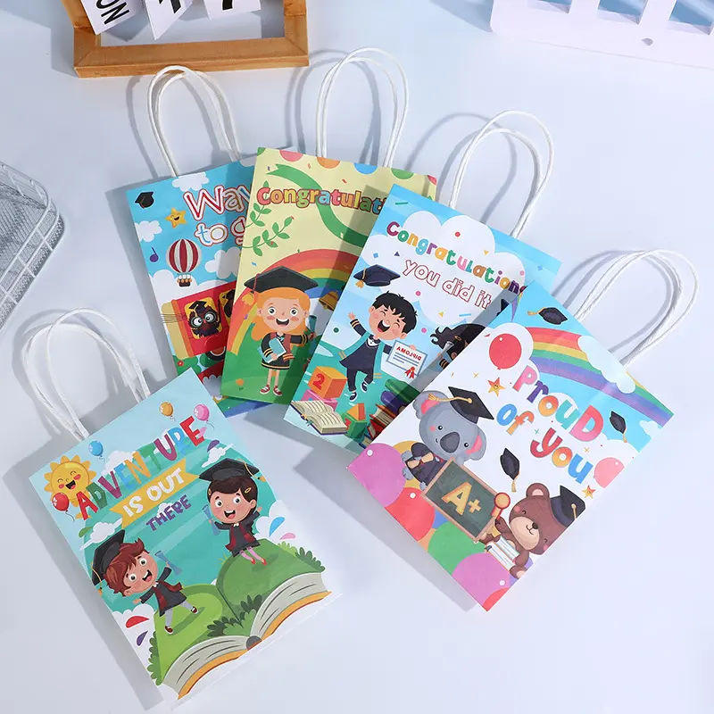 Wholesale creative cartoon English childlike pattern kraft paper bag color printing strong gift handbag for children