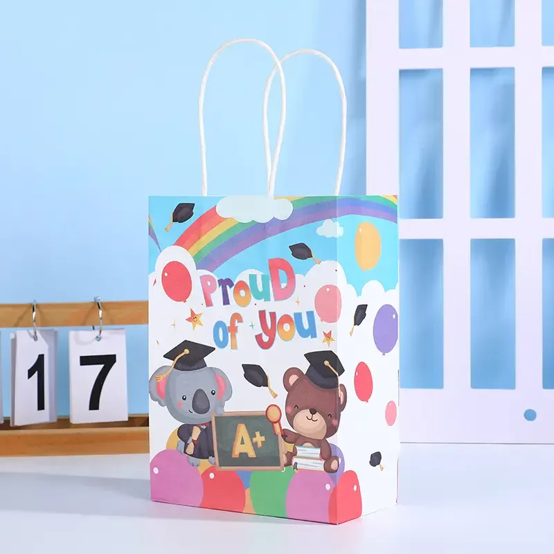 Wholesale creative cartoon English childlike pattern kraft paper bag color printing strong gift handbag for children