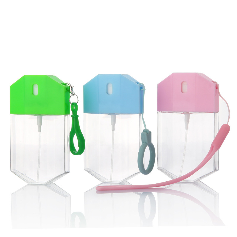New 50ml hexagonal refillable PETG hand sanitizer clear plastic card spray bottle lanyard buckle bottle