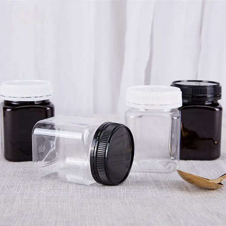 Plastic honey container jar with anti-theft cover honey jar square PET honey jar