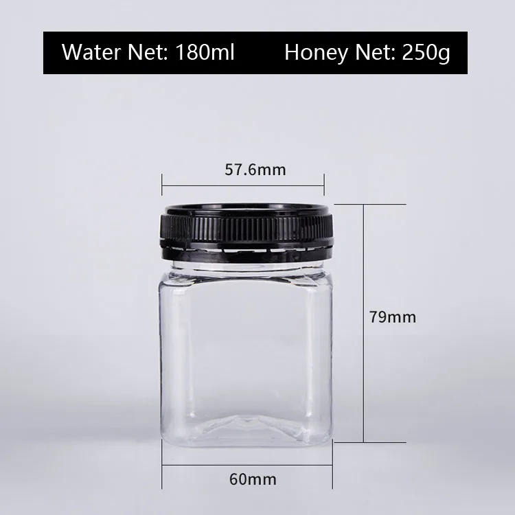 Customized Clear PET Plastic Square Wide Mouth Jar Container for Sugar Honey Nuts Food Storage Packaging