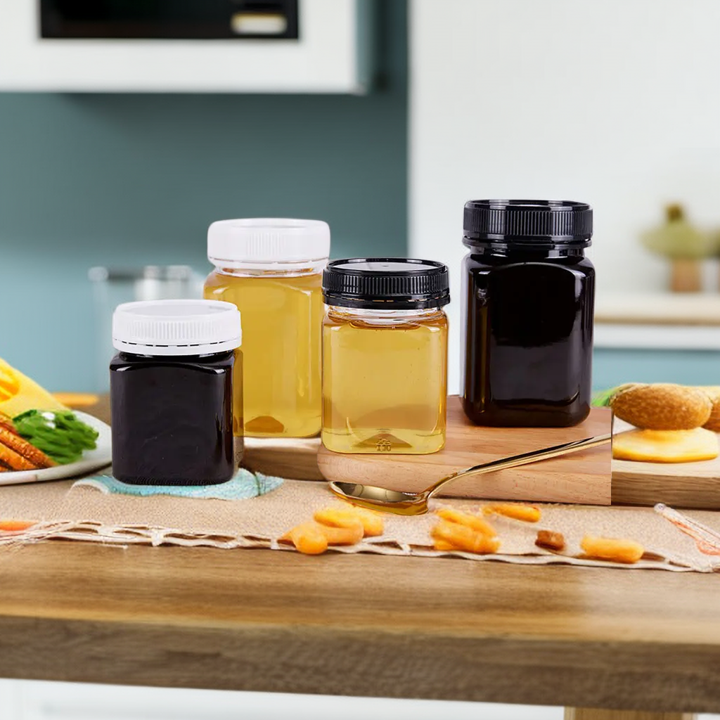 Plastic honey container jar with anti-theft cover honey jar square PET honey jar
