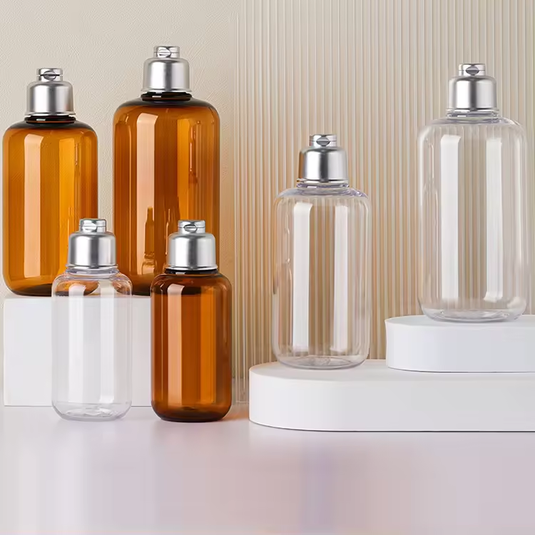 100ml 200ml 300ml transparent brown plastic shower gel shampoo bottle conditioner press flip aluminum color cap bottle