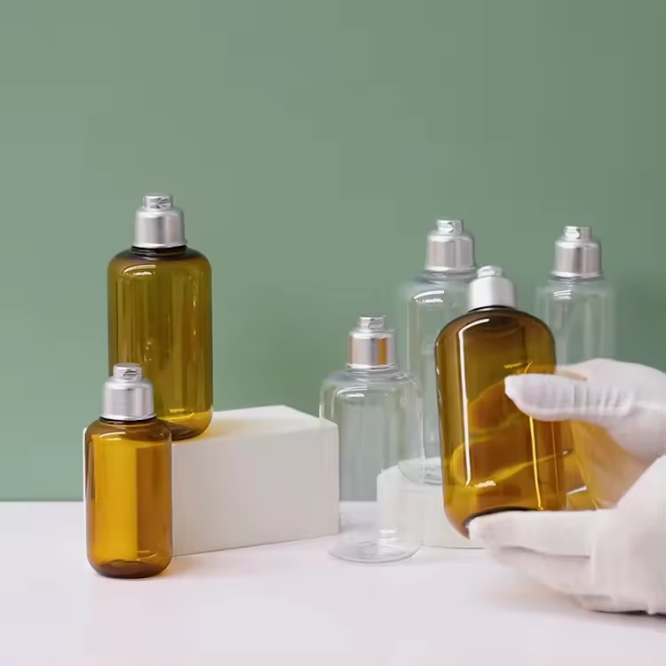100ml 200ml 300ml transparent brown plastic shower gel shampoo bottle conditioner press flip aluminum color cap bottle
