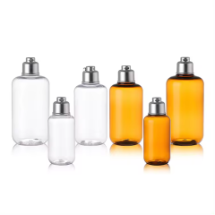 100ml 200ml 300ml transparent brown plastic shower gel shampoo bottle conditioner press flip aluminum color cap bottle