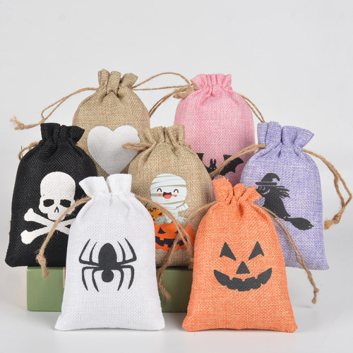 Hot Sale Children's Gift Bag Pumpkin Ghost Linen Drawstring Bag Small Halloween Easter Festival Bundled Candy Bag for Kids
