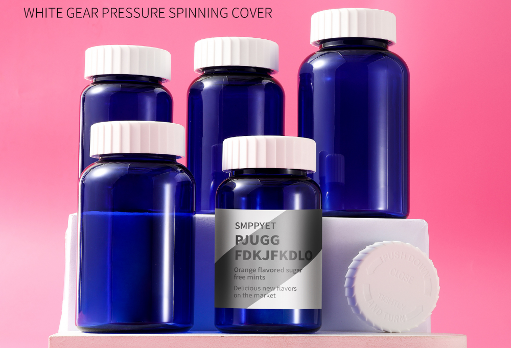 Food grade 175/200/225/250/300ml blue capsule bottle with gear press cap