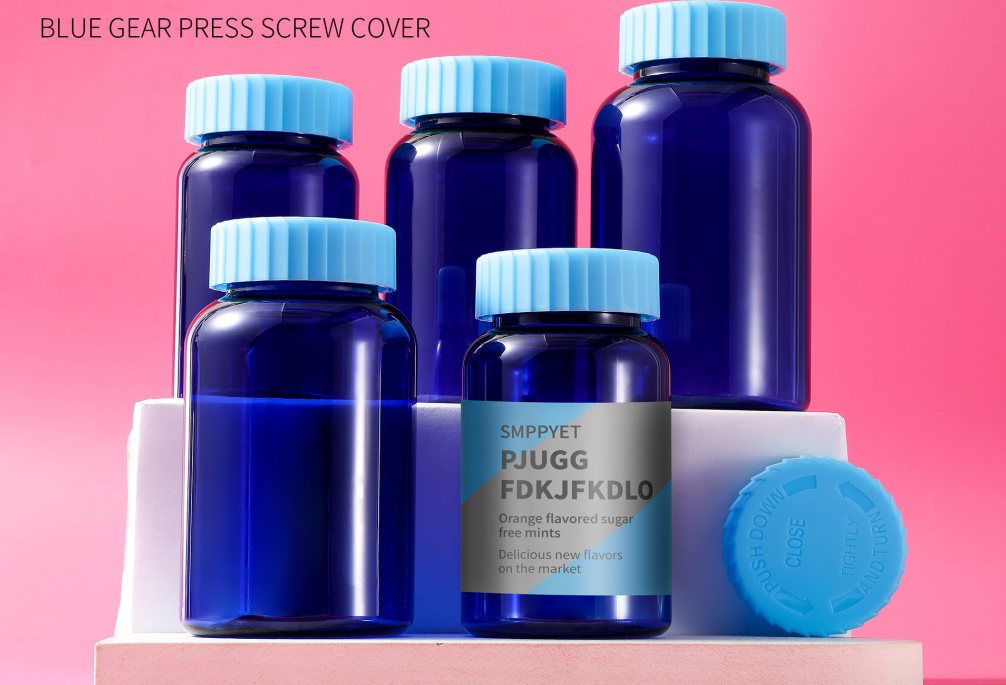 Food grade 175/200/225/250/300ml blue capsule bottle with gear press cap