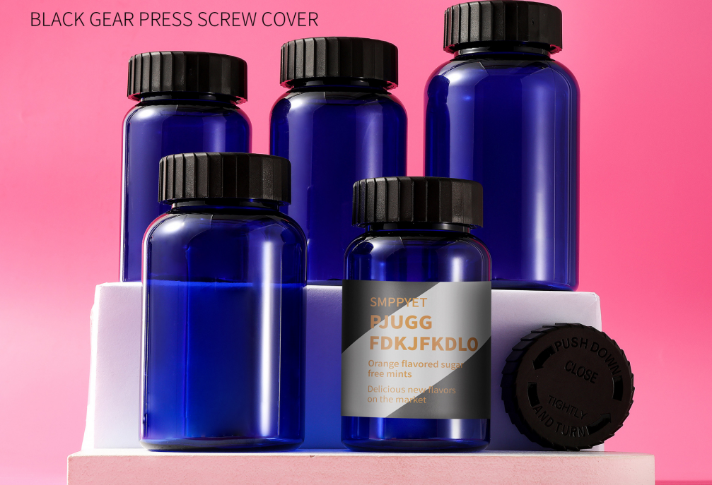 Food grade 175/200/225/250/300ml blue capsule bottle with gear press cap