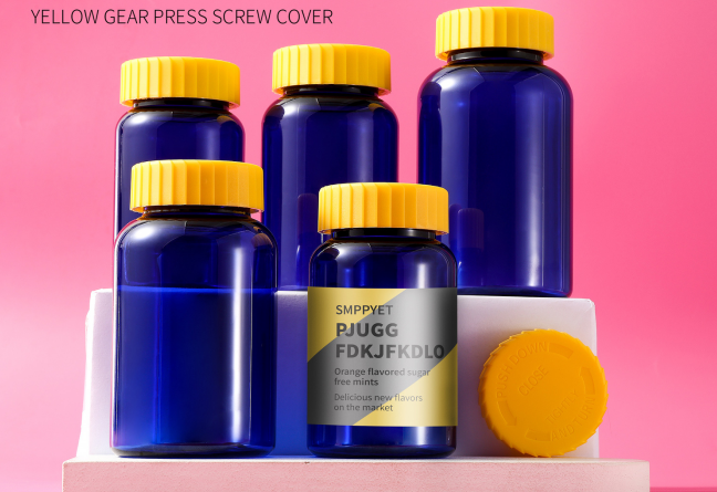 Food grade 175/200/225/250/300ml blue capsule bottle with gear press cap