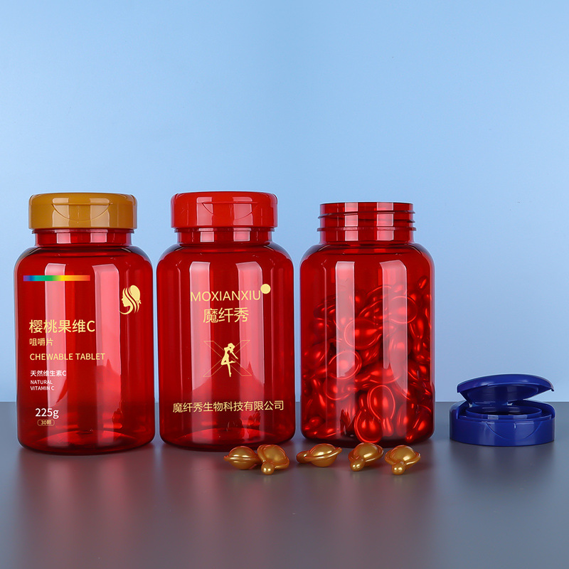 PET 225ml translucent red bottle Cordyceps powder tablet candy health care product bottle PP flip cover sealed packaging
