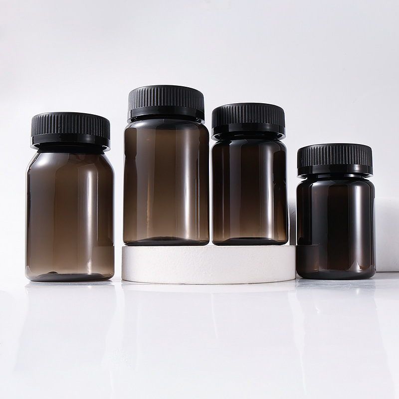 80-150ml plastic packaging bottle black screw cap PET medicine bottle with safety cap capsule bottle