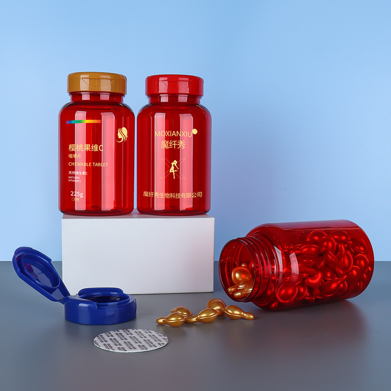 PET 225ml translucent red bottle Cordyceps powder tablet candy health care product bottle PP flip cover sealed packaging