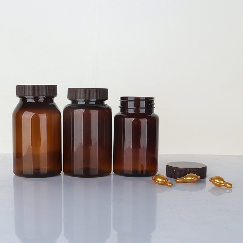 Brown 80-150ml high-end health care product bottle pet plastic bottle empty medicine bottle soft capsule bottle PP striped cover