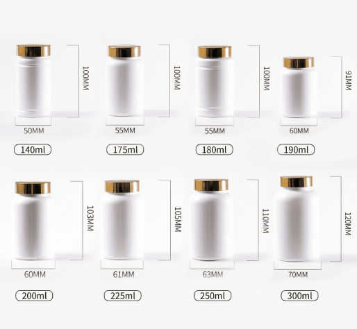 140-300ml plastic small bottle with lid empty bottle food grade PET bright gold cap capsule bottle white