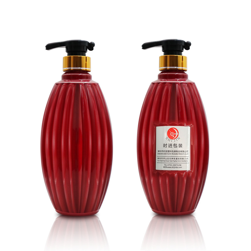 Boutique striped 550ml shampoo bottle PET special-shaped shower gel conditioner bottle with golden lotion pump
