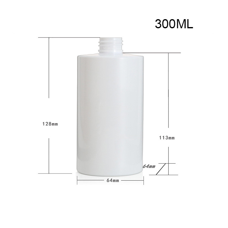 300ml short fat flat shoulder round bottle PET cylindrical bottle 24 teeth push pump head white shampoo bottle