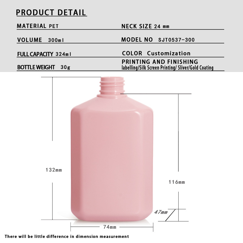 300ml pink flat bottle shampoo shower gel empty bottle portable pet plastic body lotion bottle