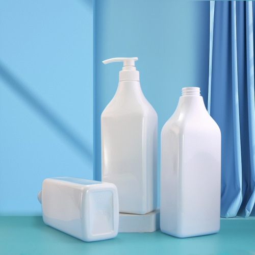 Factory 1000ml long neck square flat bottle PET pearl white chemical packaging bottle fruit and vegetable cleaner detergent bottle