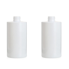 300ml short fat flat shoulder round bottle PET cylindrical bottle 24 teeth push pump head white shampoo bottle