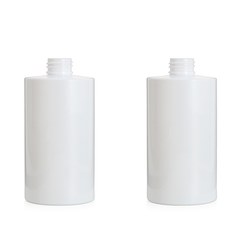 300ml short fat flat shoulder round bottle PET cylindrical bottle 24 teeth push pump head white shampoo bottle