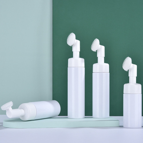 100ml,120ml,150ml,180ml,200ml Packaging PET cylindrical mousse foaming mousse cleansing brush foam bottle silicone brush head facial cleanser bottle