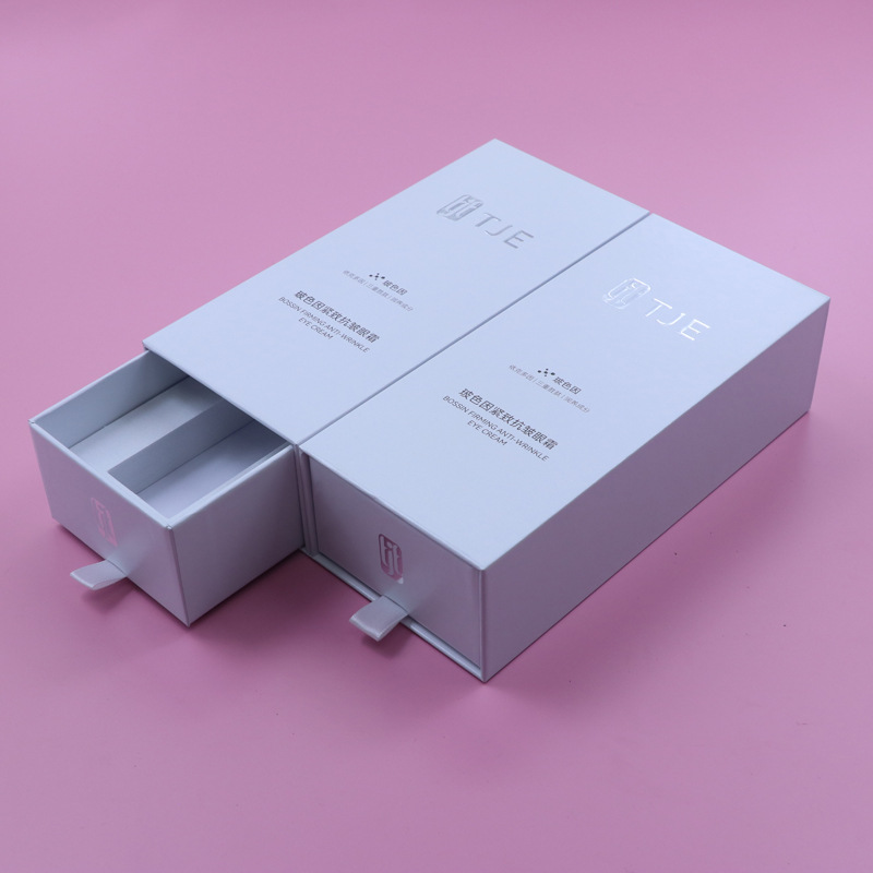 Customized white pull-out box, hardcover cosmetic eye cream drawer box, hot stamping embossed logo, drawer gift box