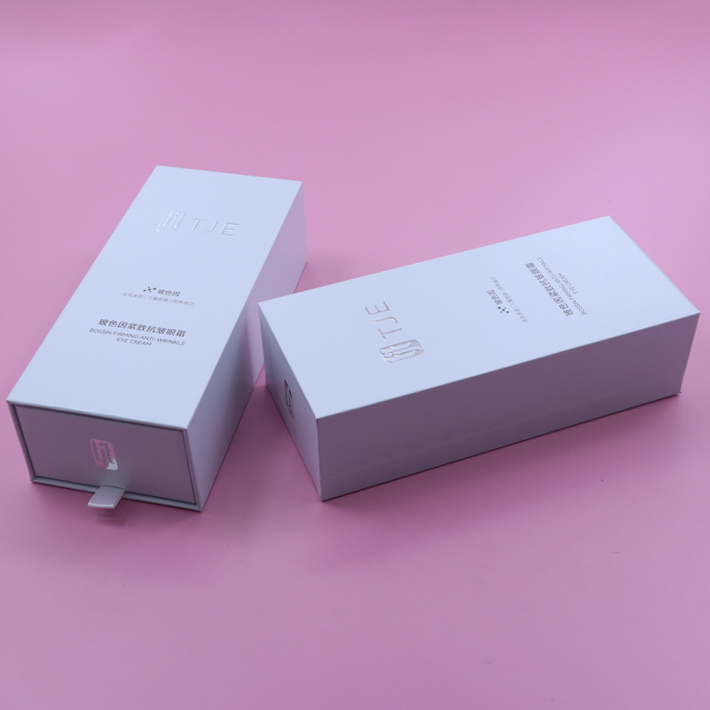 Customized white pull-out box, hardcover cosmetic eye cream drawer box, hot stamping embossed logo, drawer gift box