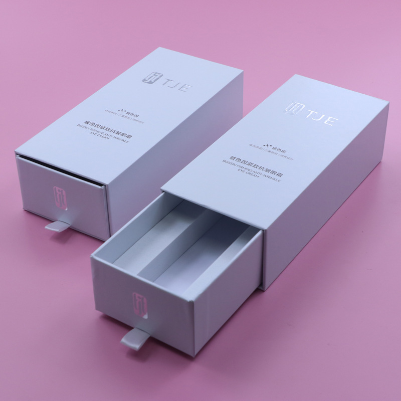Customized white pull-out box, hardcover cosmetic eye cream drawer box, hot stamping embossed logo, drawer gift box