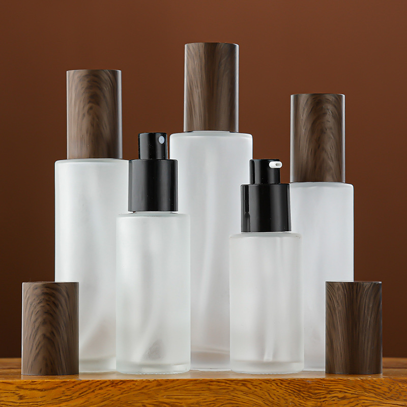 Custom frosted wood grain cover cream bottle frosted glass bottle travel portable cosmetic bottle packing bottle empty bottle
